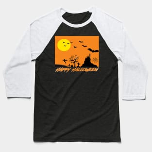 Moonlit Haunted House Ghost Bat Cobweb Gravestone. Baseball T-Shirt